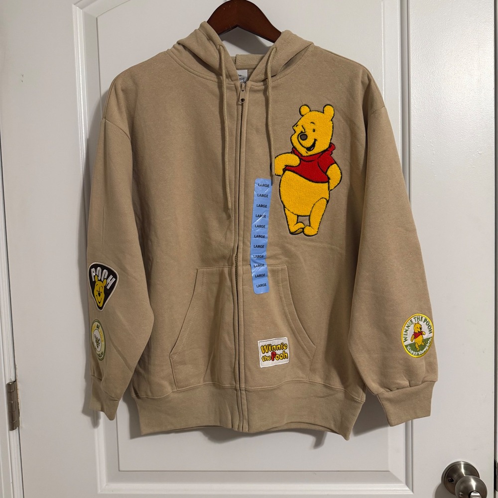 Disney Winnie the Pooh Sand Zip Up Hoodie Chenille Patches Large NWT